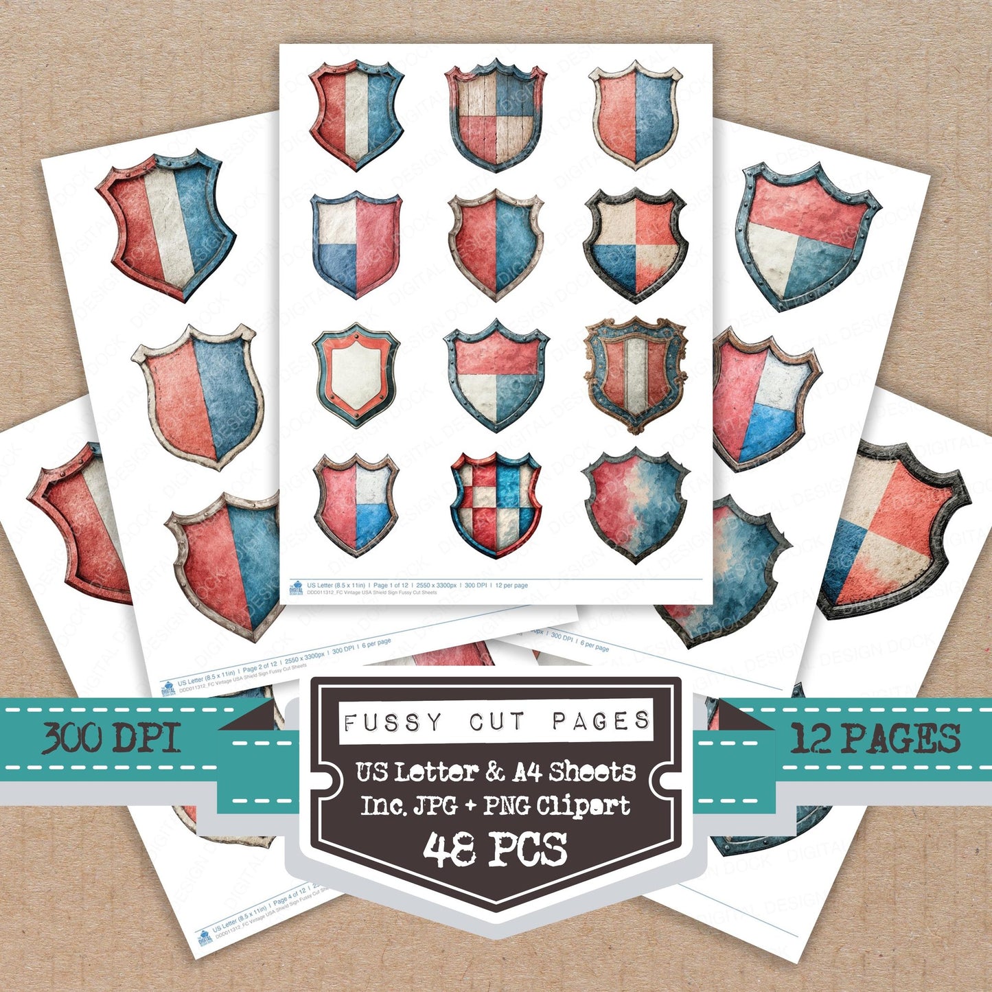Vintage USA Shield Sign fussy cut printable sheets for junk journaling, scrapbooking, and paper craft projects