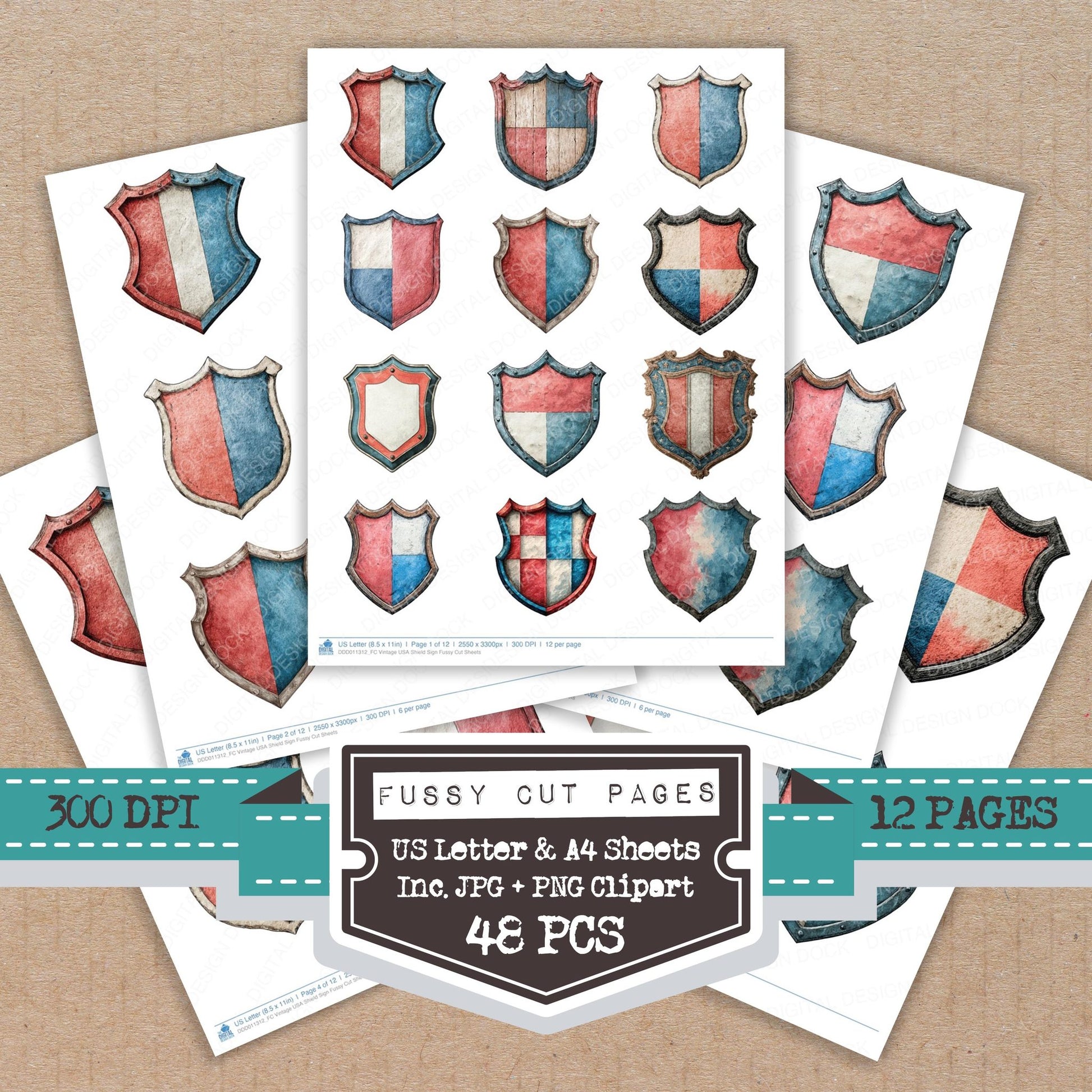 Vintage USA Shield Sign fussy cut printable sheets for junk journaling, scrapbooking, and paper craft projects