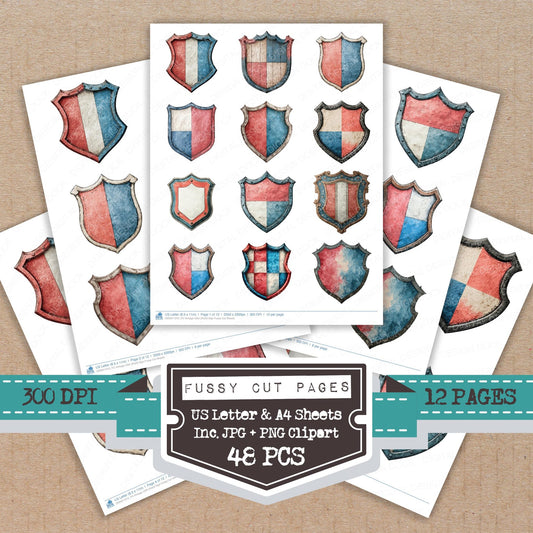 Vintage USA Shield Sign fussy cut printable sheets for junk journaling, scrapbooking, and paper craft projects