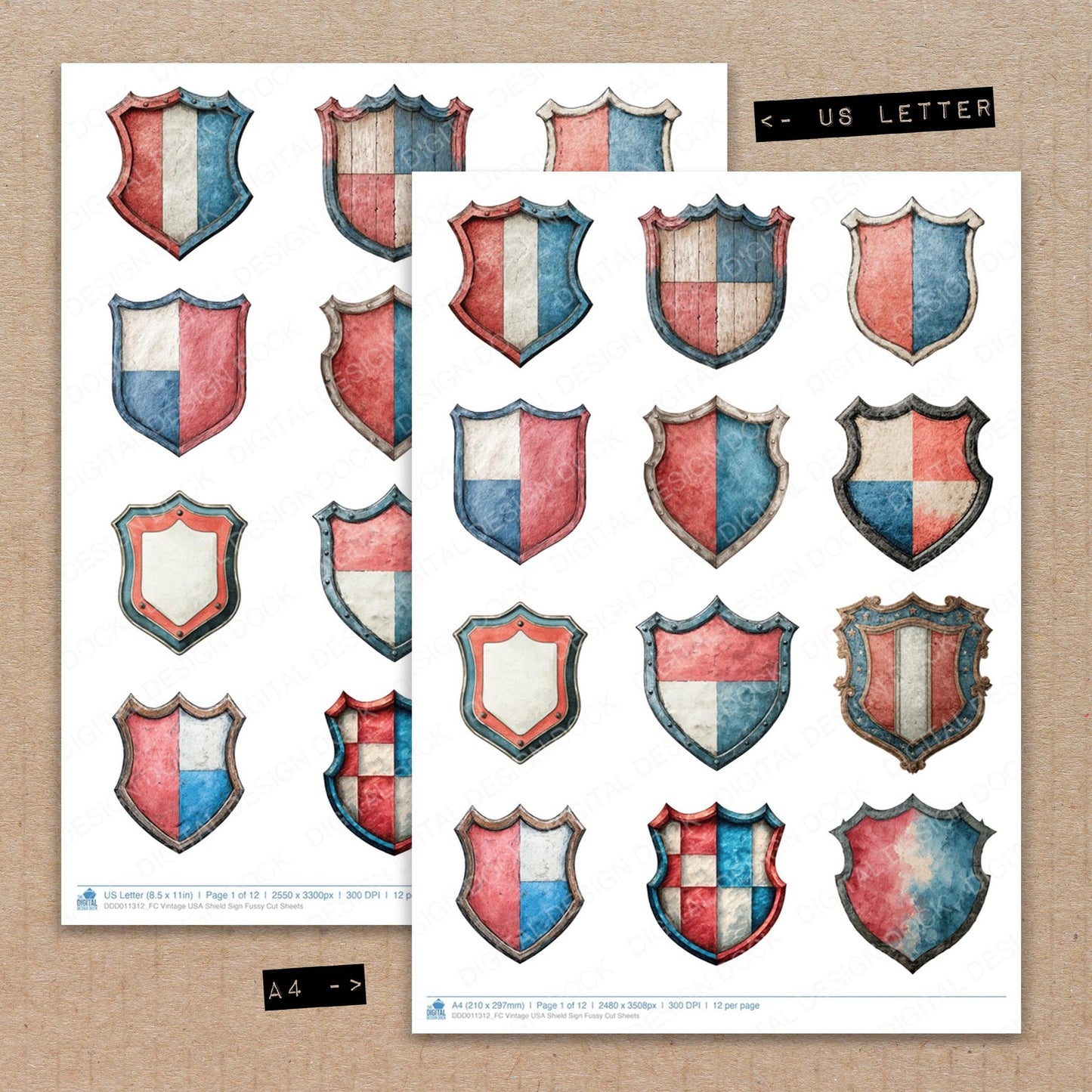 A4 and US Letter format comparison showing Vintage USA Shield Sign fussy cut pages for print and cut crafting