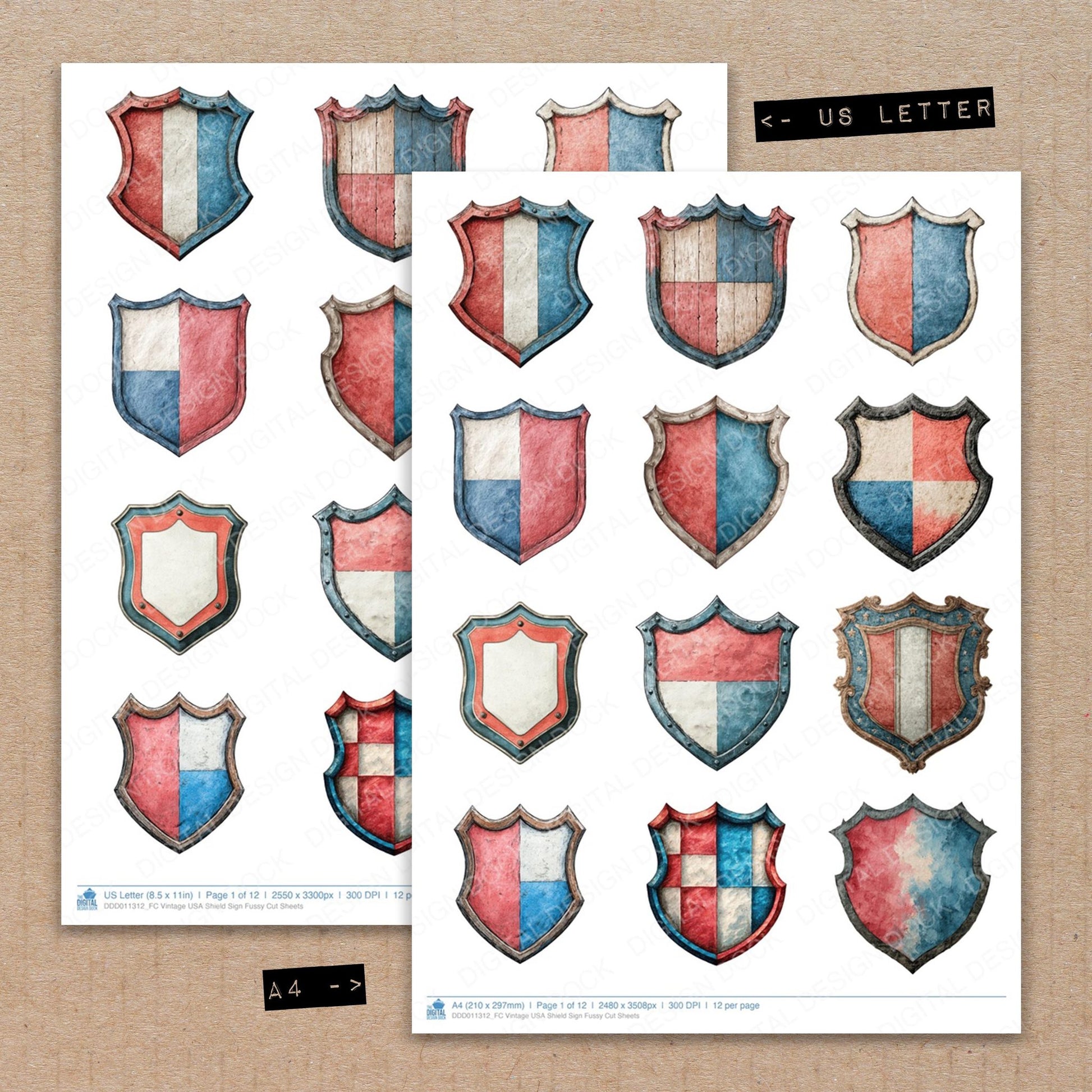 A4 and US Letter format comparison showing Vintage USA Shield Sign fussy cut pages for print and cut crafting