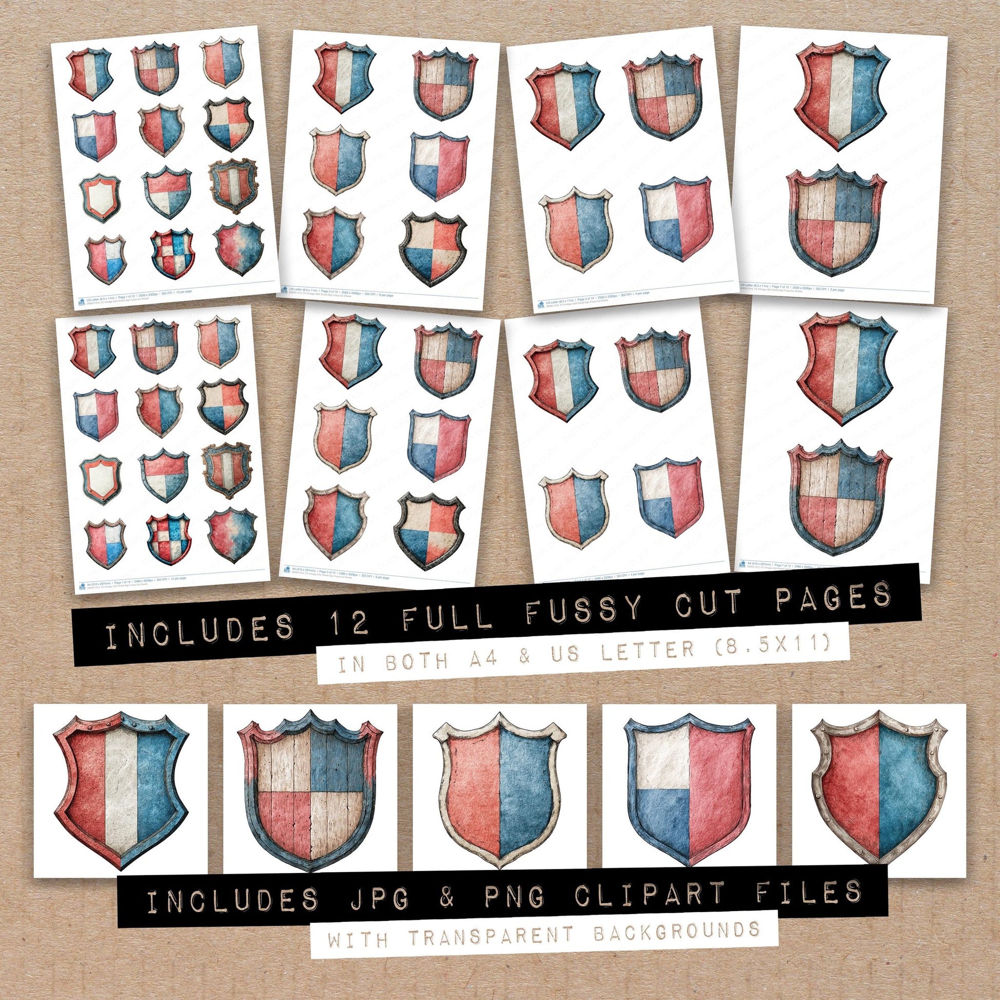 Full collection view of Vintage USA Shield Sign fussy cut sheets with bonus clipart JPG and PNG files