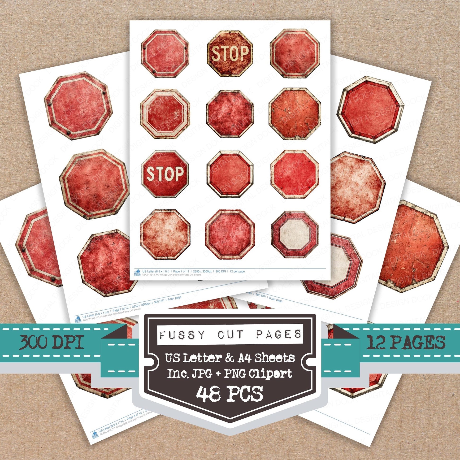 Vintage USA Stop Sign fussy cut printable sheets for junk journaling, scrapbooking, and paper craft projects