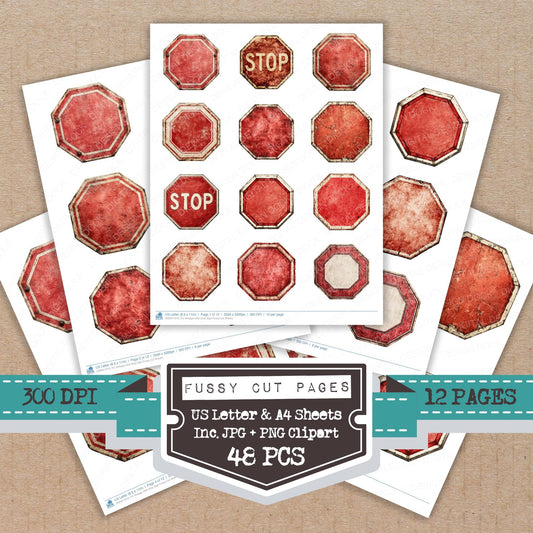 Vintage USA Stop Sign fussy cut printable sheets for junk journaling, scrapbooking, and paper craft projects