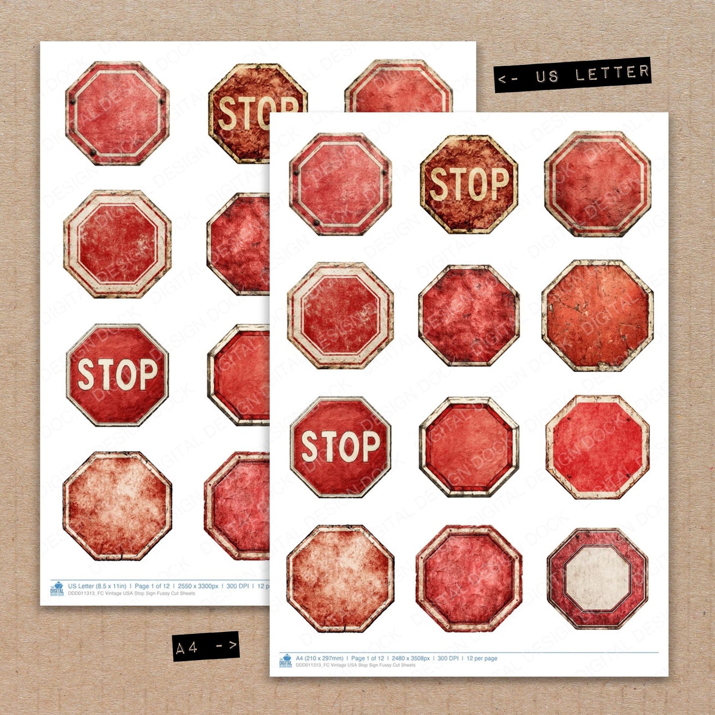 A4 and US Letter format comparison showing Vintage USA Stop Sign fussy cut pages for print and cut crafting