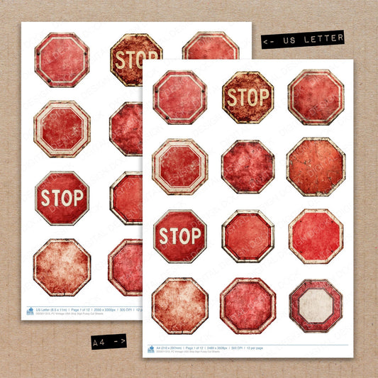 A4 and US Letter format comparison showing Vintage USA Stop Sign fussy cut pages for print and cut crafting
