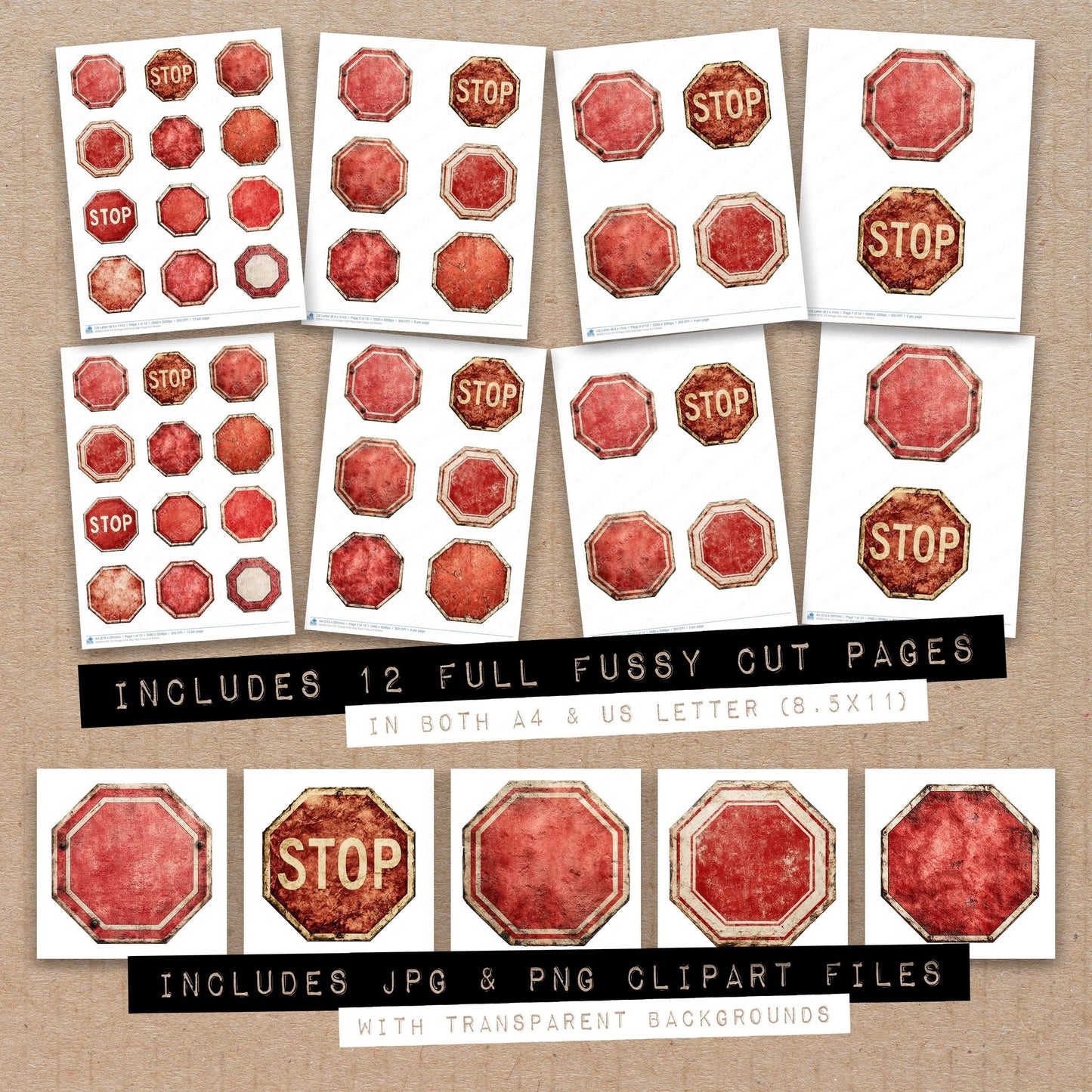 Full collection view of Vintage USA Stop Sign fussy cut sheets with bonus clipart JPG and PNG files