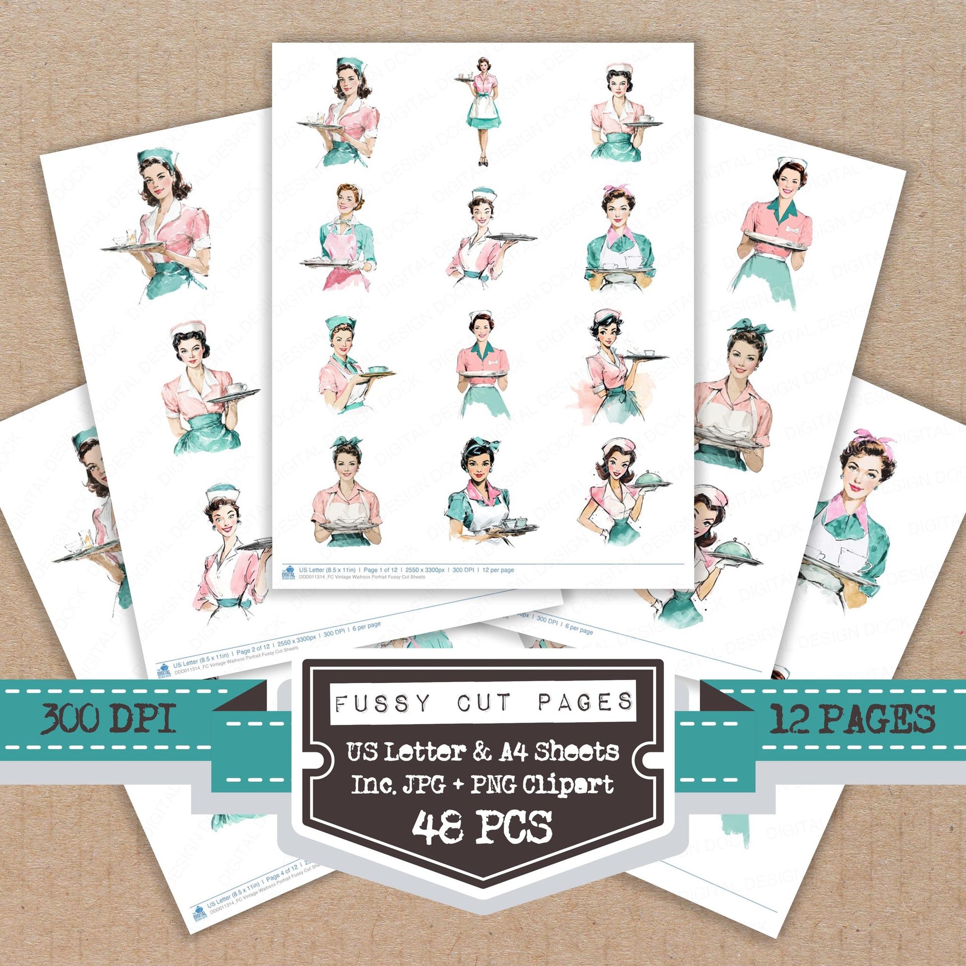 Vintage Waitress Portrait fussy cut printable sheets for junk journaling, scrapbooking, and paper craft projects