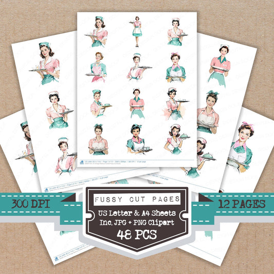 Vintage Waitress Portrait fussy cut printable sheets for junk journaling, scrapbooking, and paper craft projects