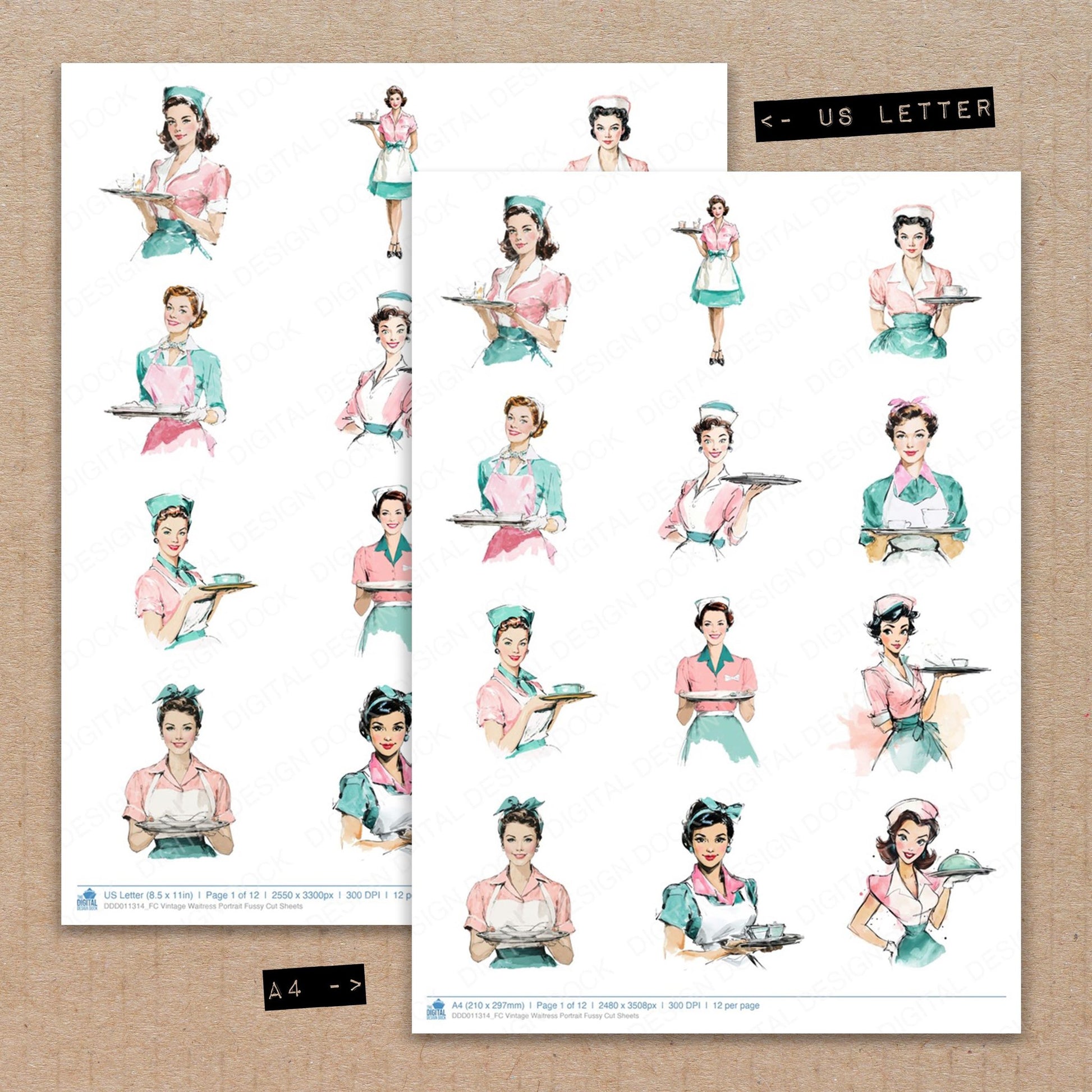 A4 and US Letter format comparison showing Vintage Waitress Portrait fussy cut pages for print and cut crafting