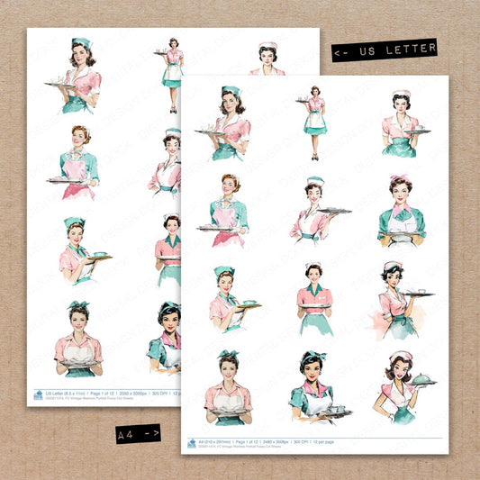 A4 and US Letter format comparison showing Vintage Waitress Portrait fussy cut pages for print and cut crafting