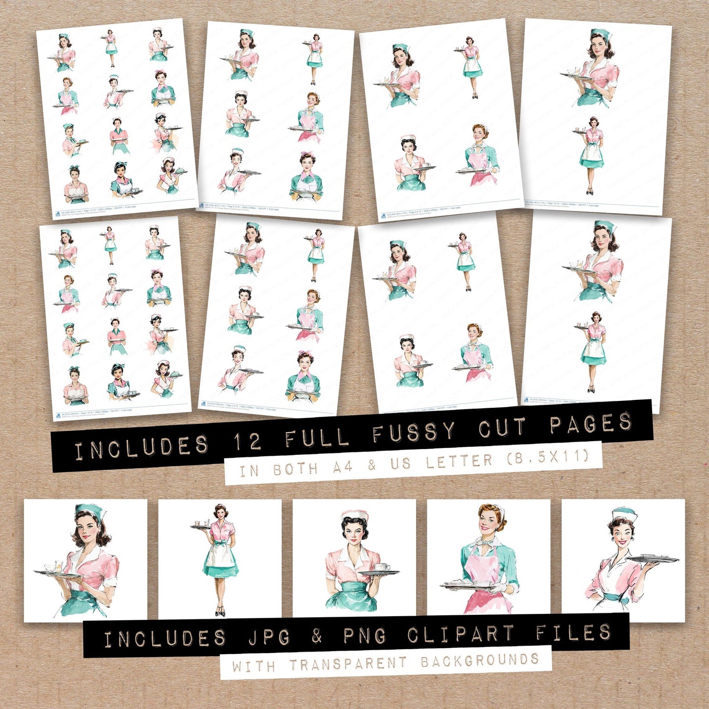 Full collection view of Vintage Waitress Portrait fussy cut sheets with bonus clipart JPG and PNG files