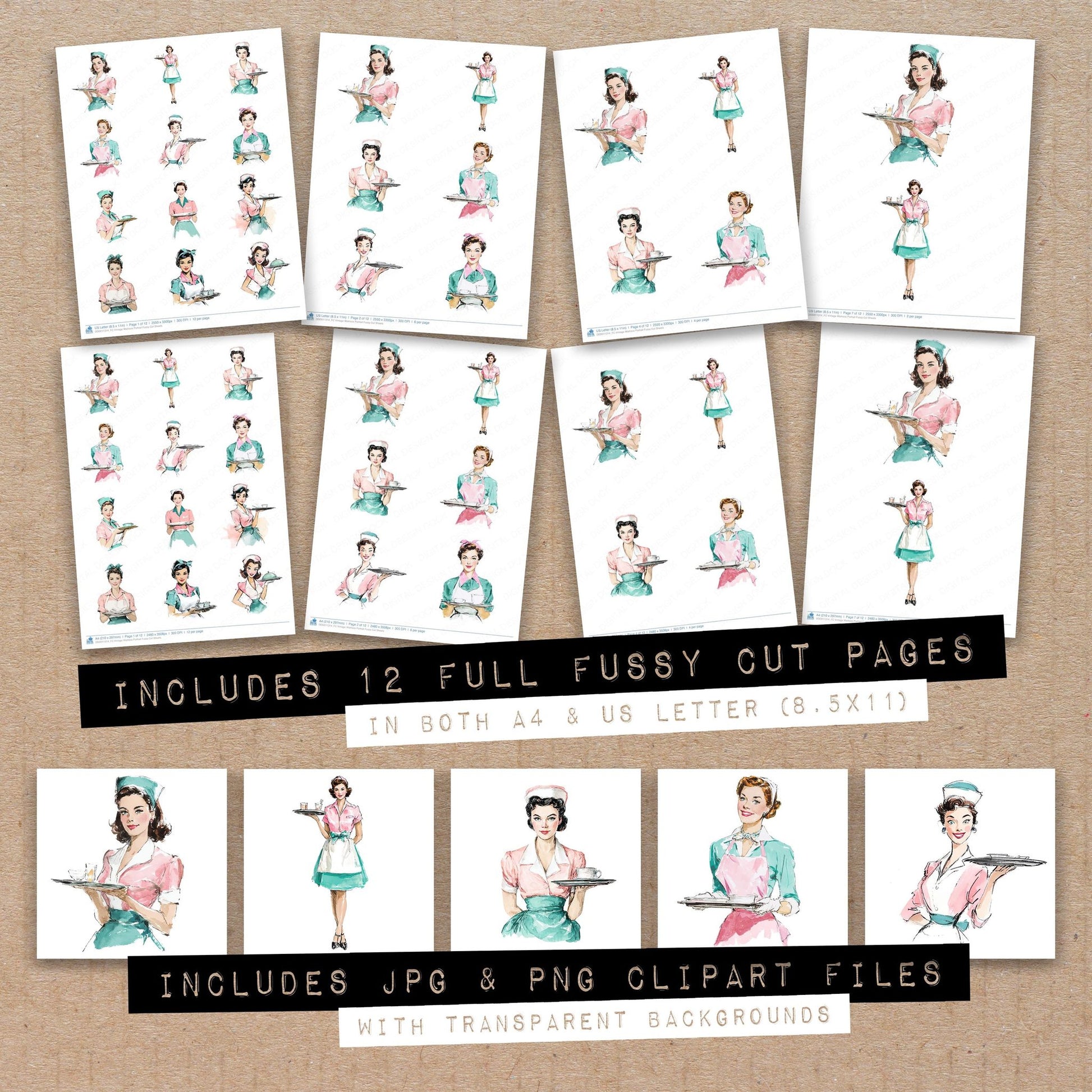 Full collection view of Vintage Waitress Portrait fussy cut sheets with bonus clipart JPG and PNG files