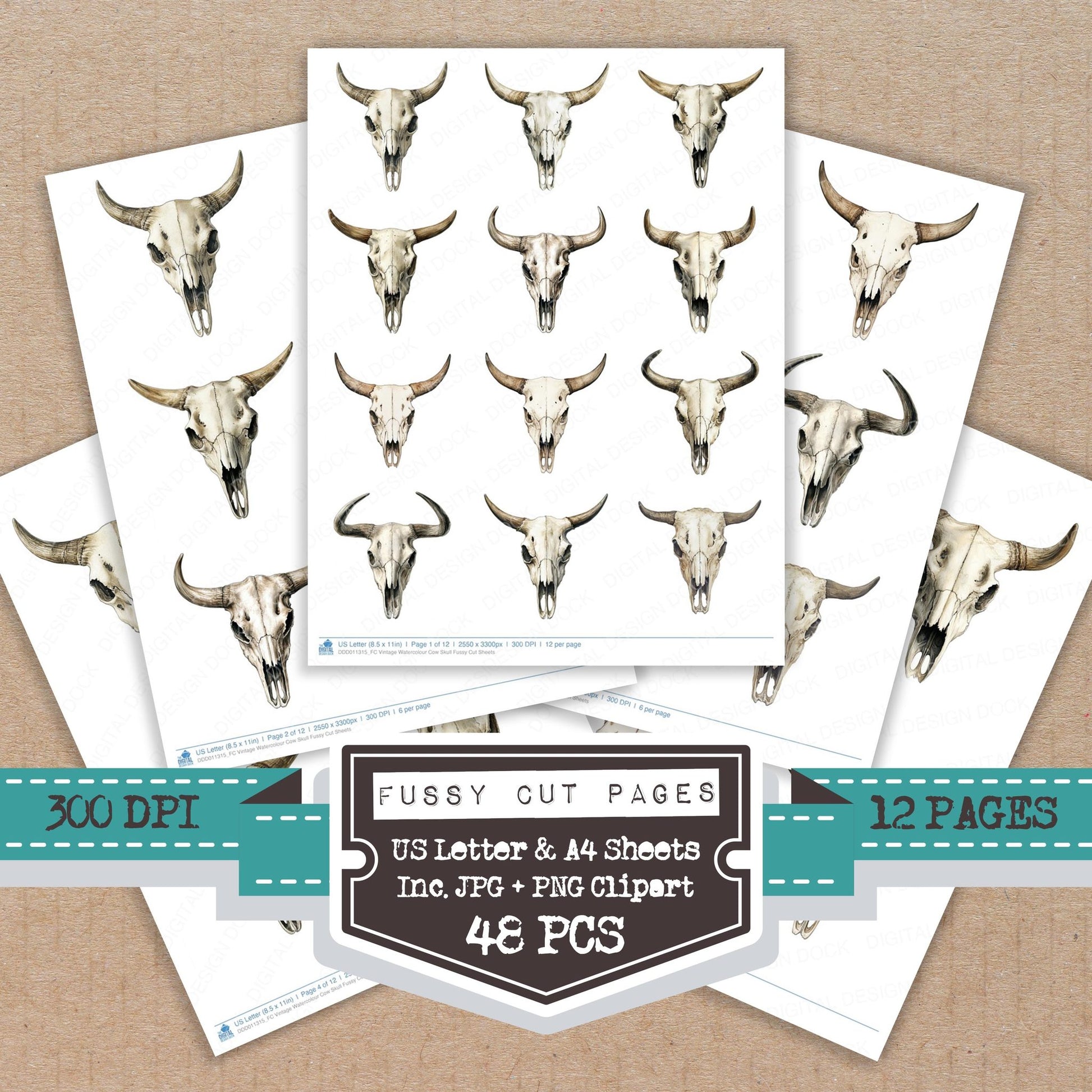 Vintage Watercolour Cow Skull fussy cut printable sheets for junk journaling, scrapbooking, and paper craft projects
