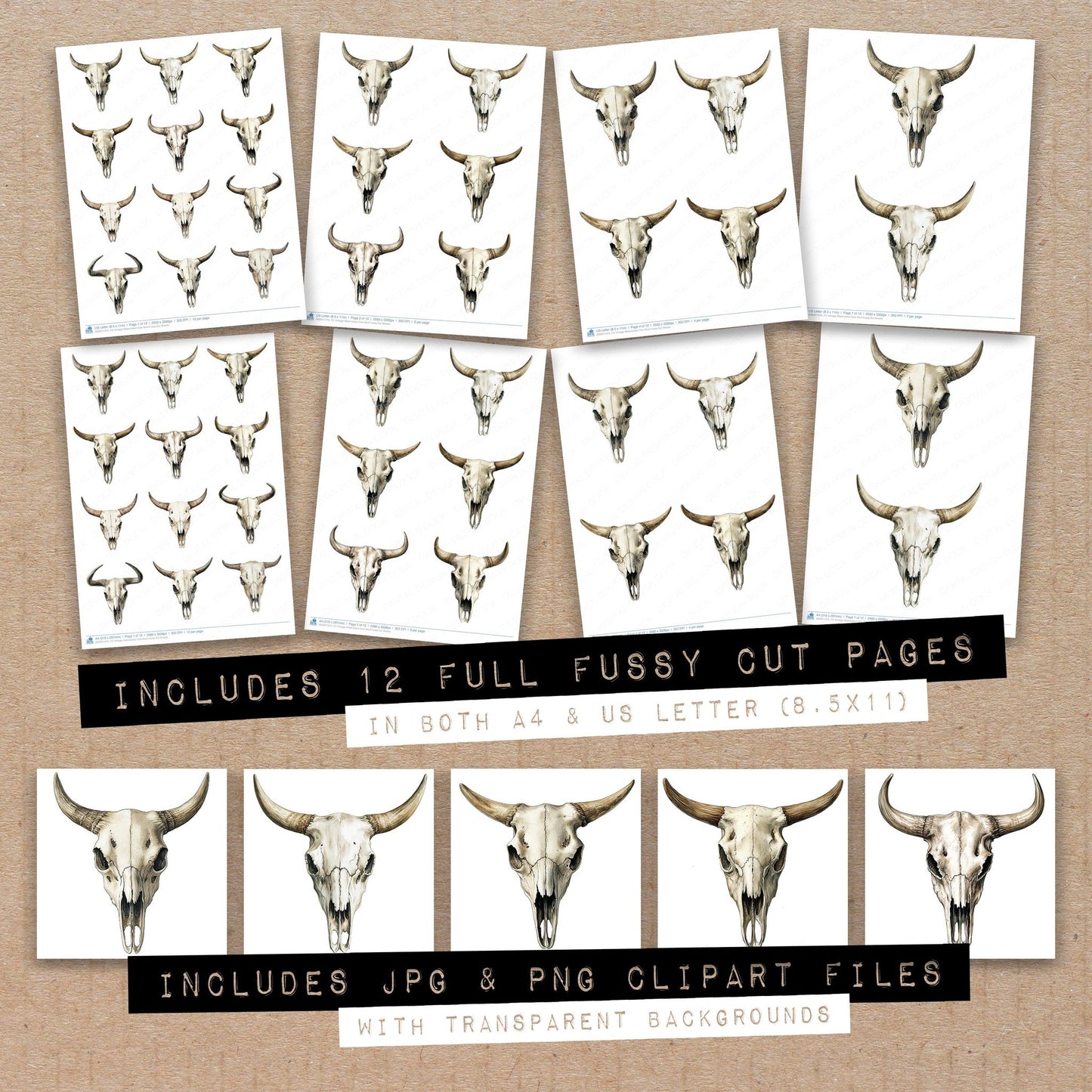 Full collection view of Vintage Watercolour Cow Skull fussy cut sheets with bonus clipart JPG and PNG files