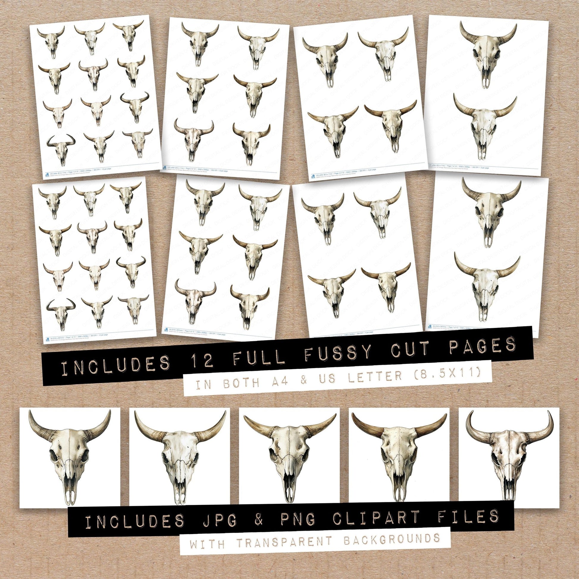 Full collection view of Vintage Watercolour Cow Skull fussy cut sheets with bonus clipart JPG and PNG files