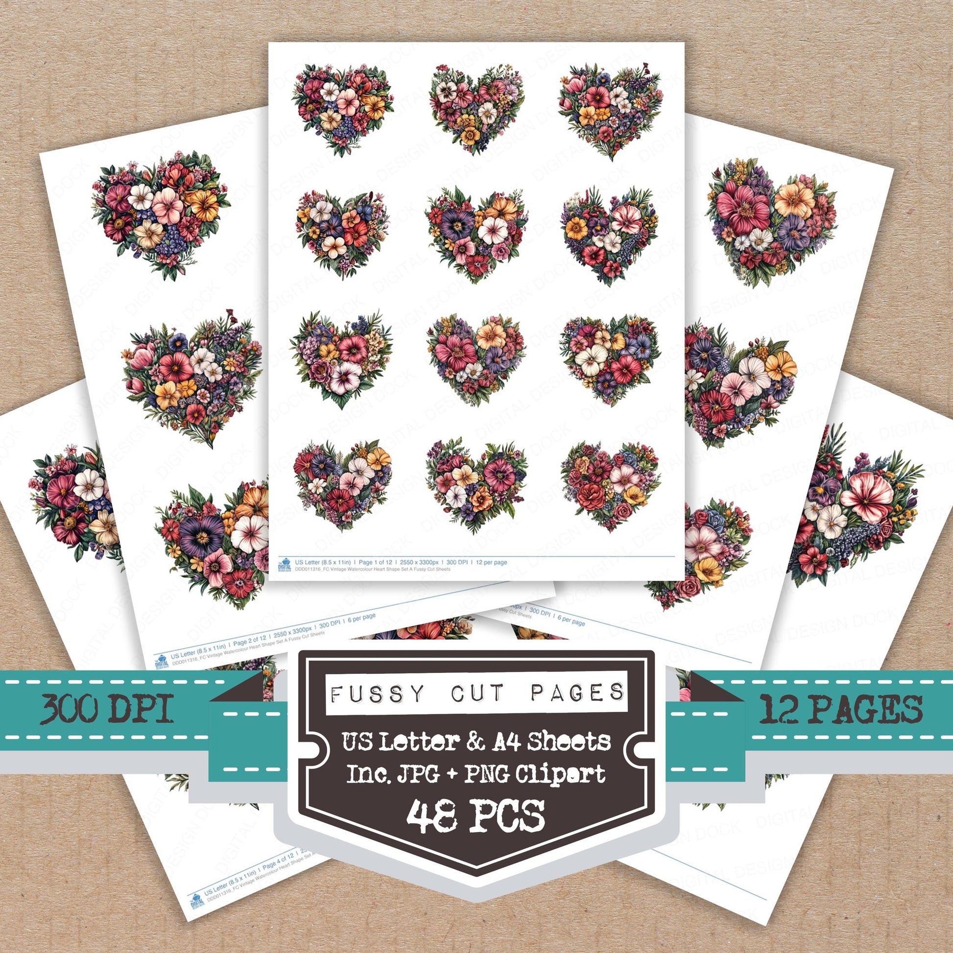 Vintage Watercolour Heart Shape A fussy cut printable sheets for junk journaling, scrapbooking, and paper craft projects