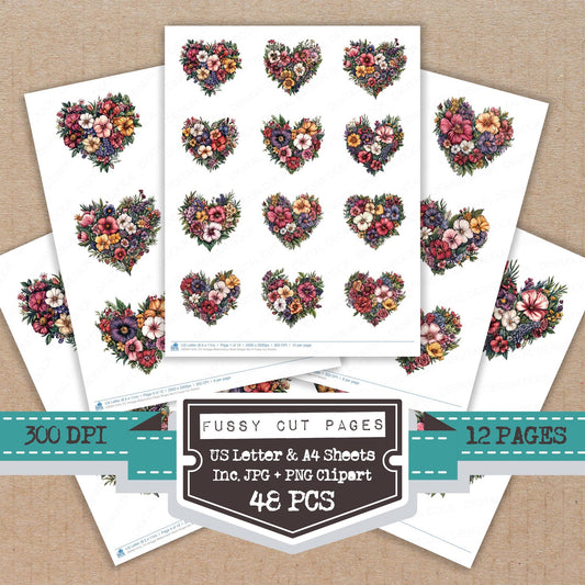 Vintage Watercolour Heart Shape A fussy cut printable sheets for junk journaling, scrapbooking, and paper craft projects