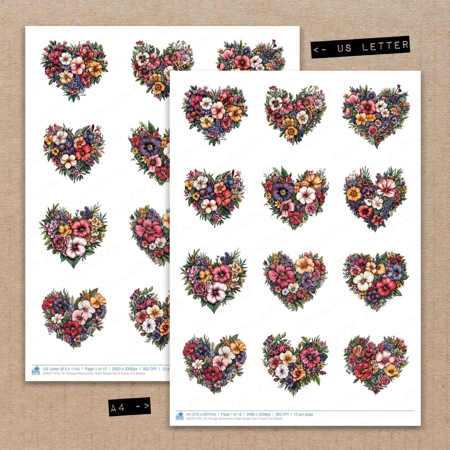 A4 and US Letter format comparison showing Vintage Watercolour Heart Shape A fussy cut pages for print and cut crafting