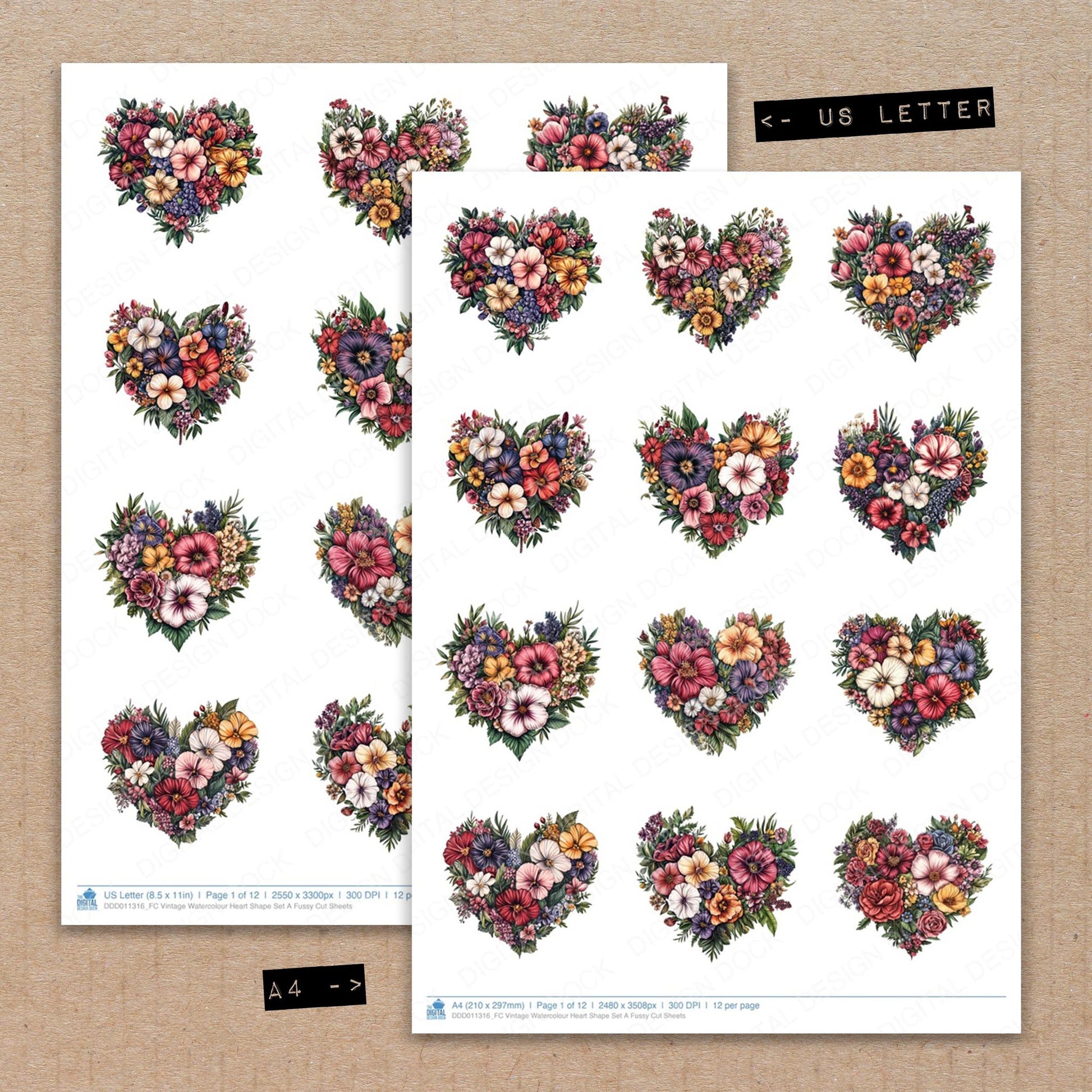 A4 and US Letter format comparison showing Vintage Watercolour Heart Shape A fussy cut pages for print and cut crafting
