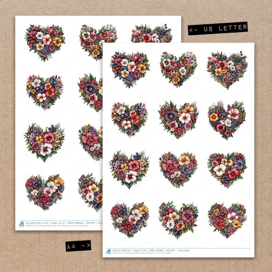 A4 and US Letter format comparison showing Vintage Watercolour Heart Shape A fussy cut pages for print and cut crafting