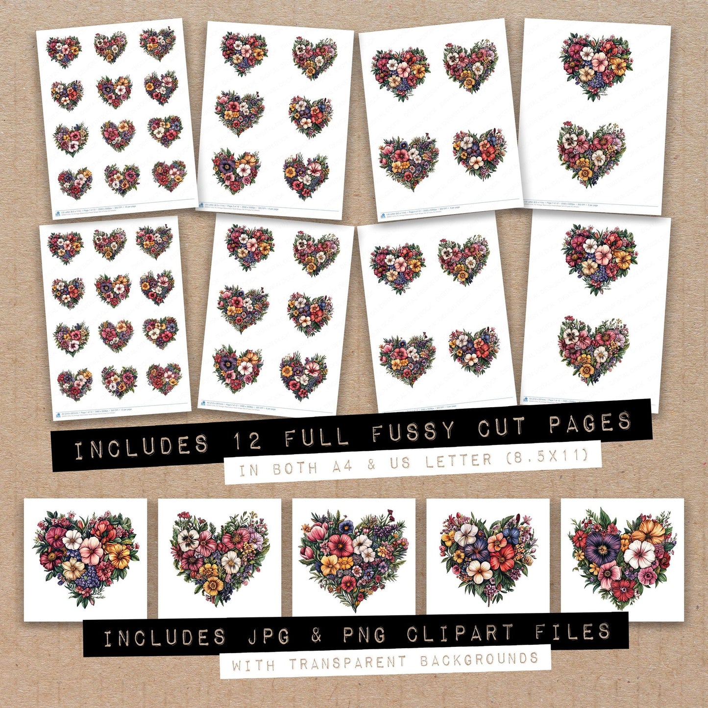 Full collection view of Vintage Watercolour Heart Shape A fussy cut sheets with bonus clipart JPG and PNG files