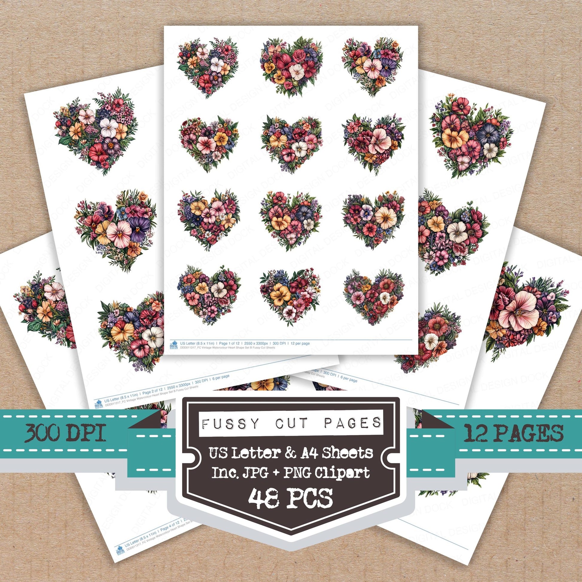 Vintage Watercolour Heart Shape B fussy cut printable sheets for junk journaling, scrapbooking, and paper craft projects