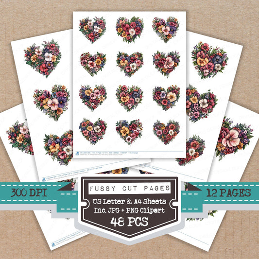 Vintage Watercolour Heart Shape B fussy cut printable sheets for junk journaling, scrapbooking, and paper craft projects