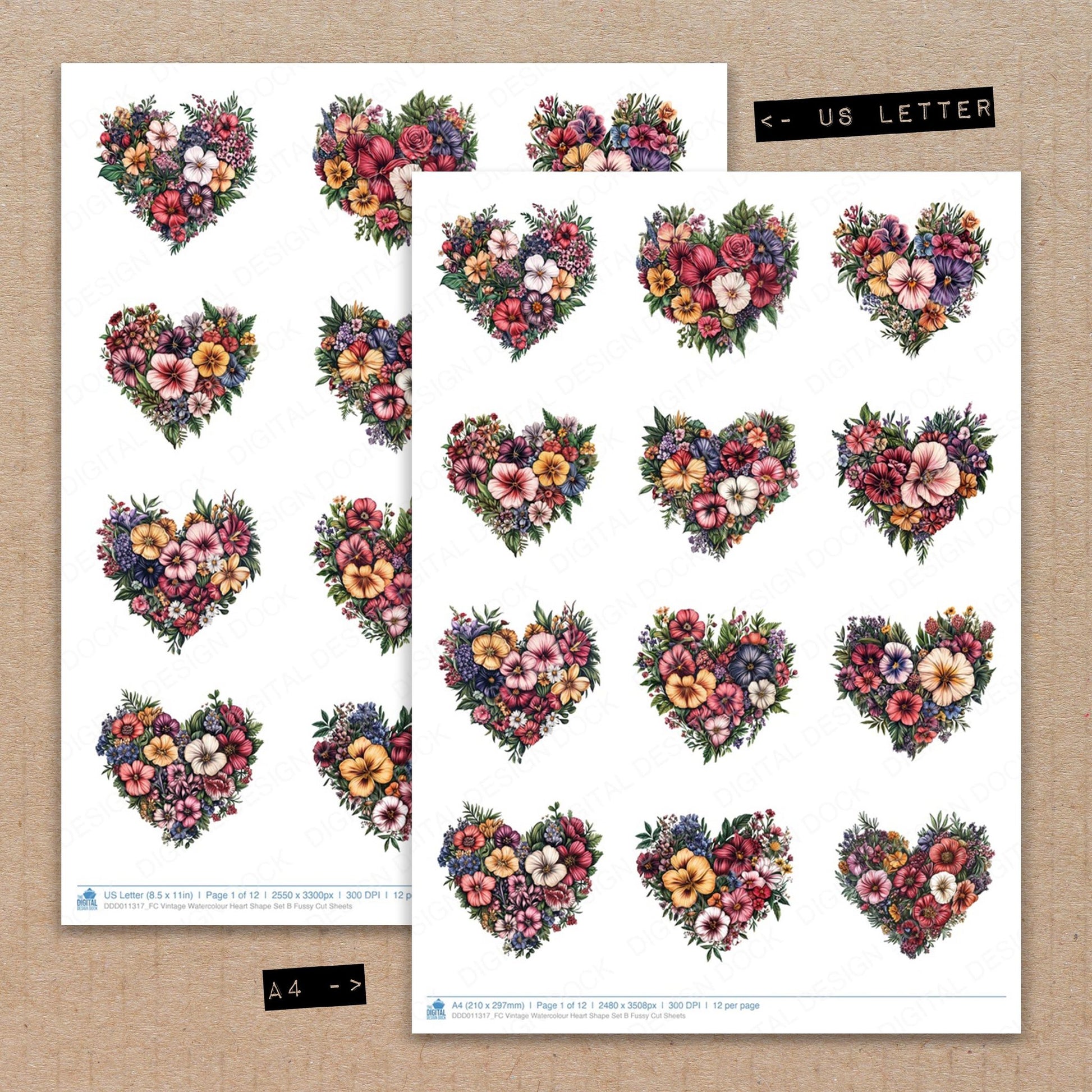 A4 and US Letter format comparison showing Vintage Watercolour Heart Shape B fussy cut pages for print and cut crafting