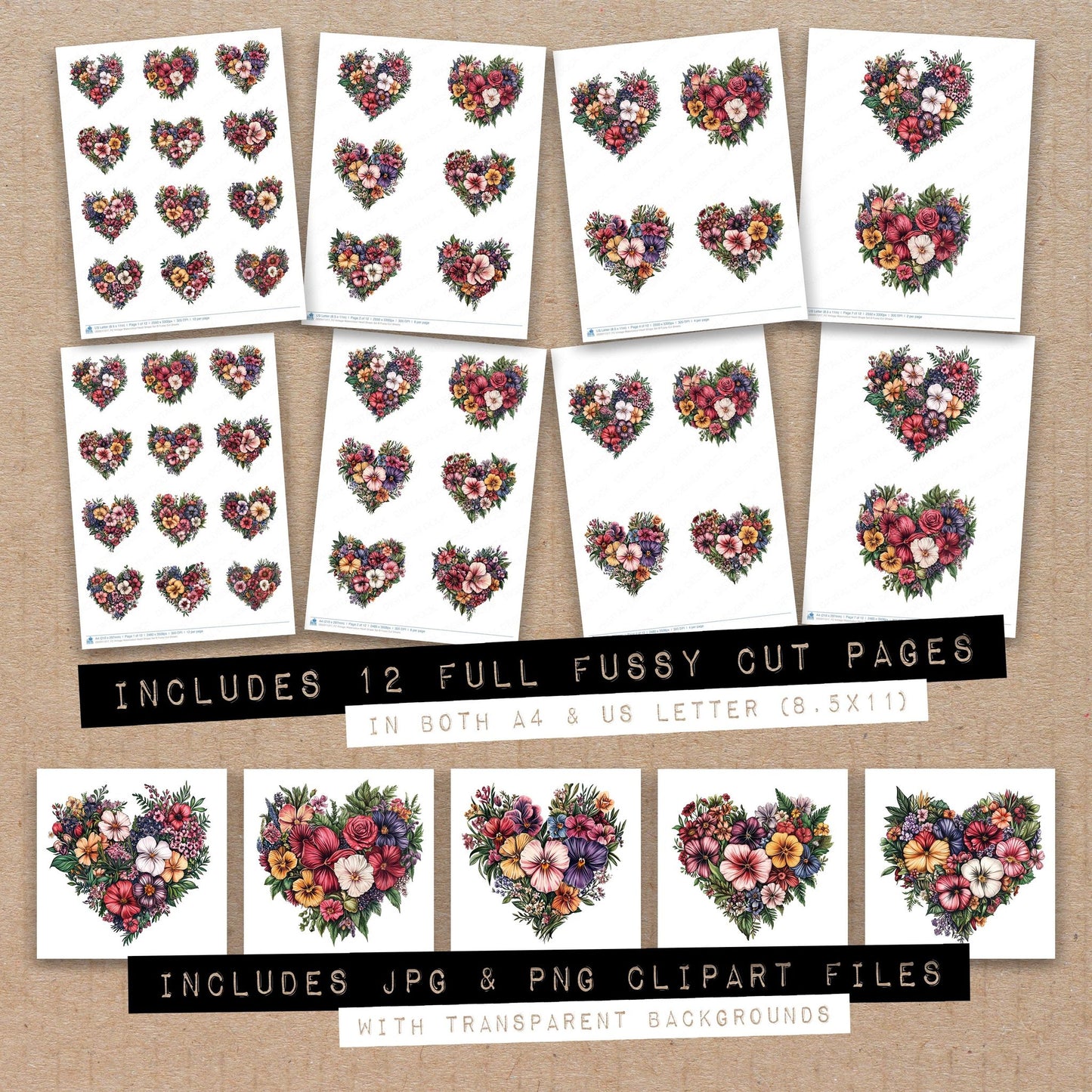 Full collection view of Vintage Watercolour Heart Shape B fussy cut sheets with bonus clipart JPG and PNG files