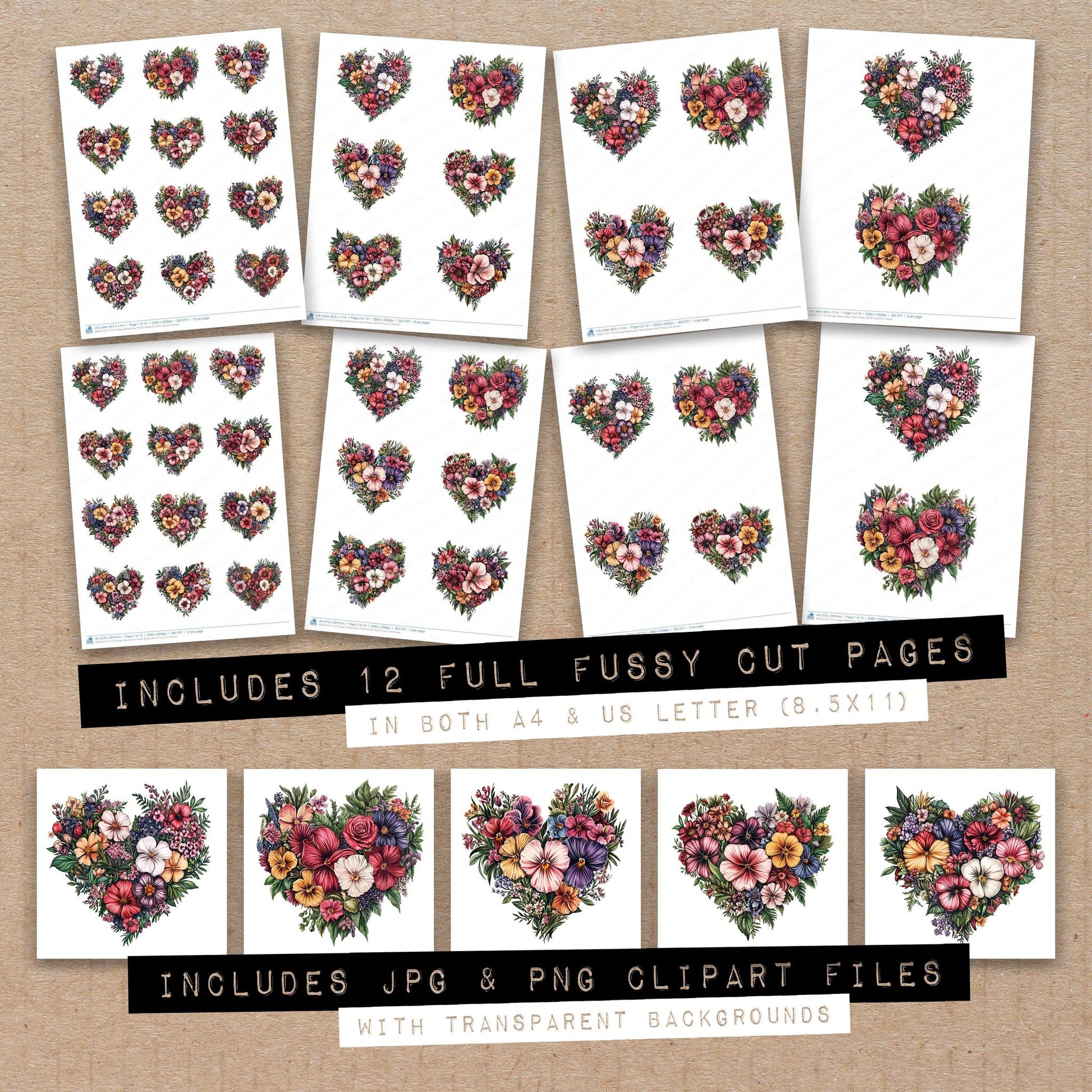 Full collection view of Vintage Watercolour Heart Shape B fussy cut sheets with bonus clipart JPG and PNG files