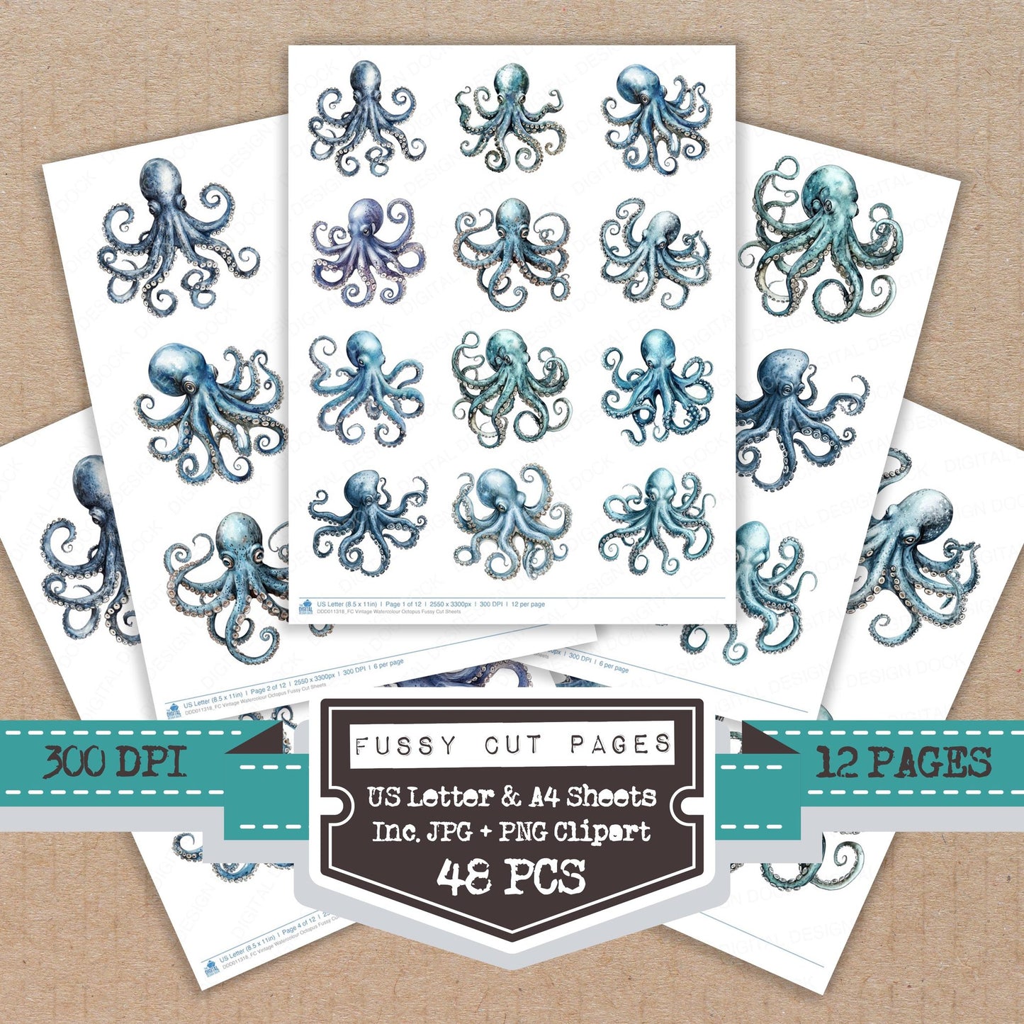 Vintage Watercolour Octopus fussy cut printable sheets for junk journaling, scrapbooking, and paper craft projects