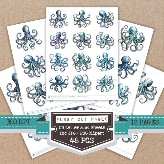 Vintage Watercolour Octopus fussy cut printable sheets for junk journaling, scrapbooking, and paper craft projects