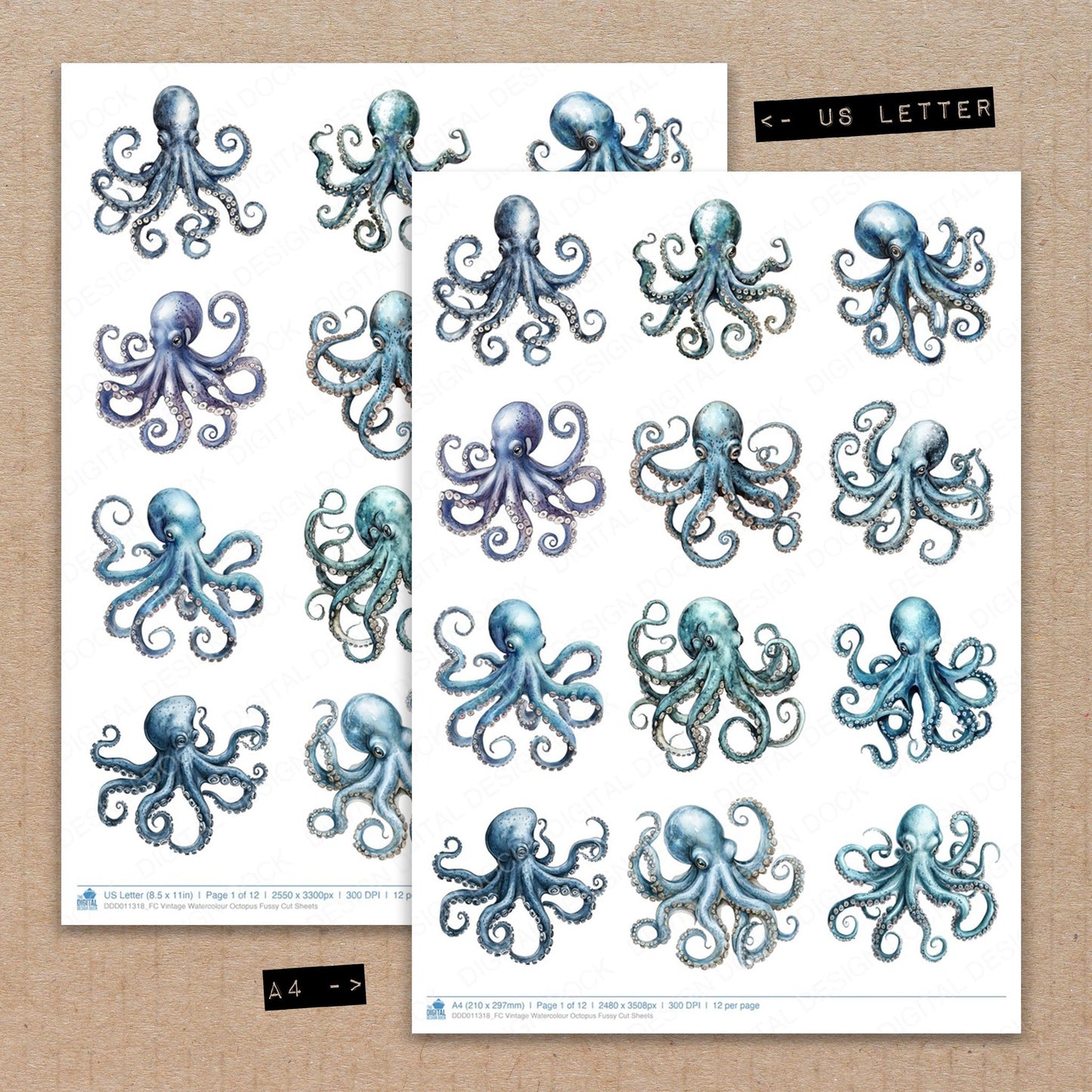 A4 and US Letter format comparison showing Vintage Watercolour Octopus fussy cut pages for print and cut crafting