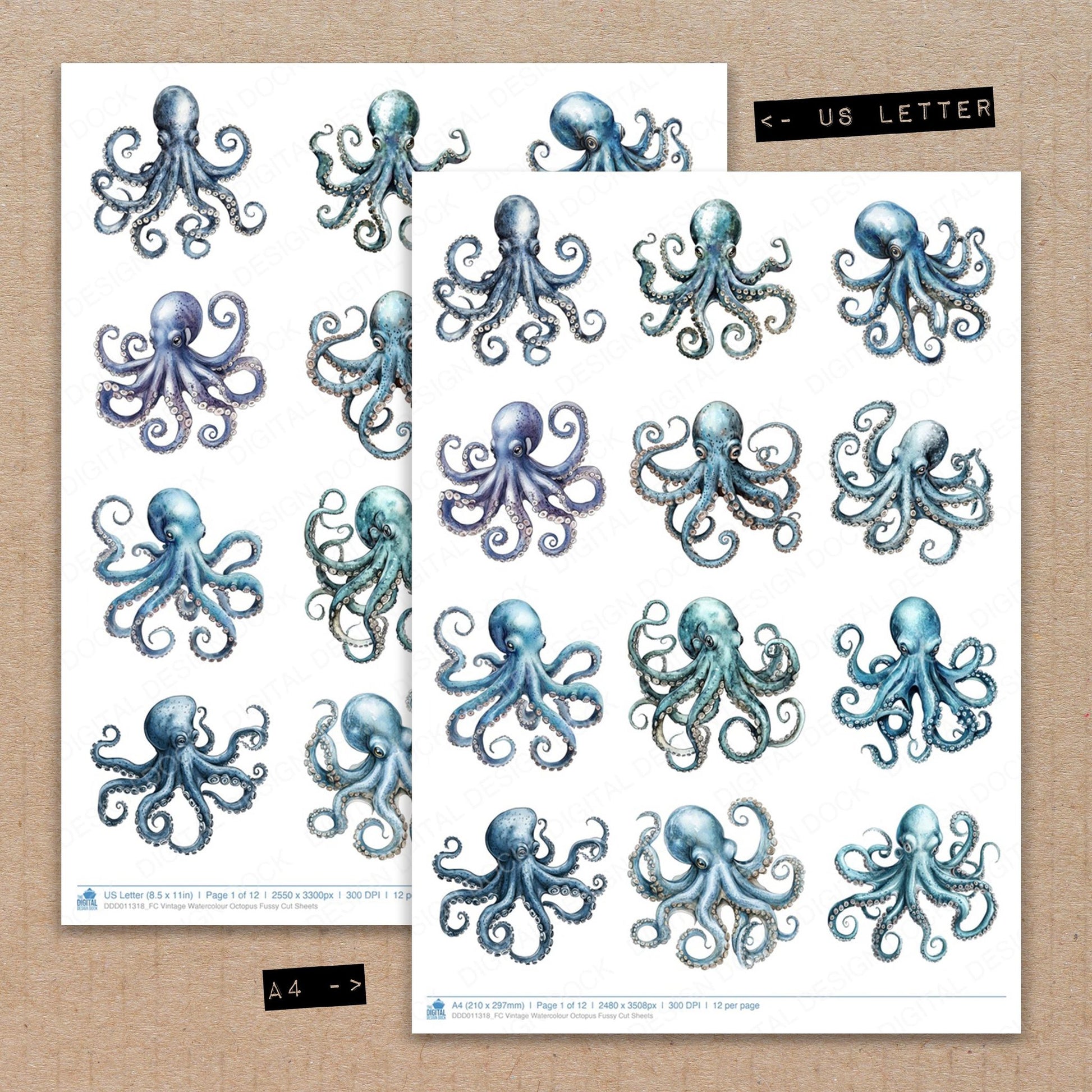 A4 and US Letter format comparison showing Vintage Watercolour Octopus fussy cut pages for print and cut crafting