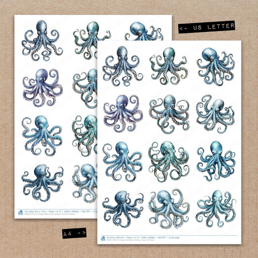 A4 and US Letter format comparison showing Vintage Watercolour Octopus fussy cut pages for print and cut crafting