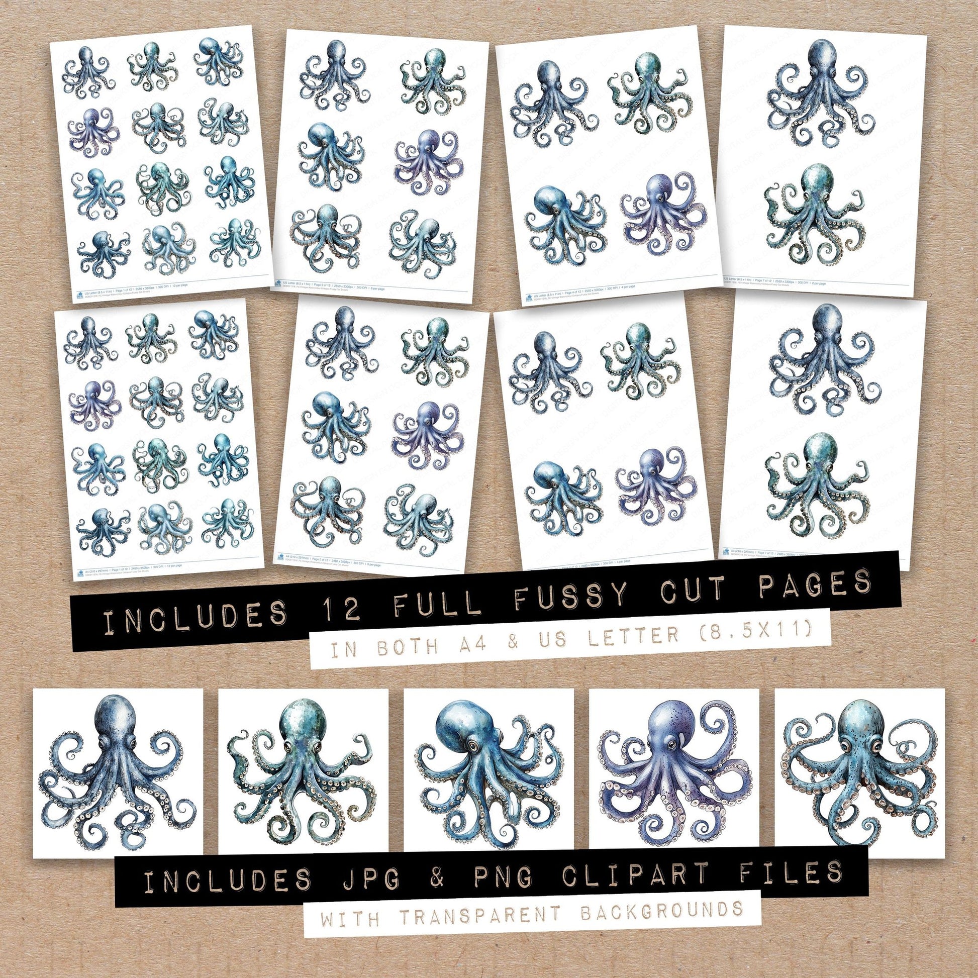 Full collection view of Vintage Watercolour Octopus fussy cut sheets with bonus clipart JPG and PNG files