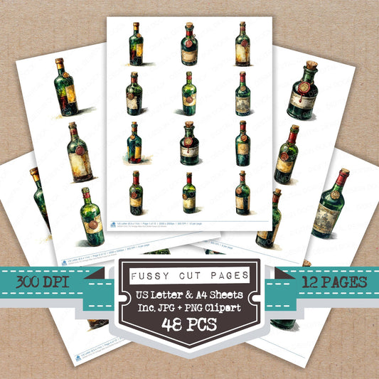 Vintage Wax Seal Bottle fussy cut printable sheets for junk journaling, scrapbooking, and paper craft projects