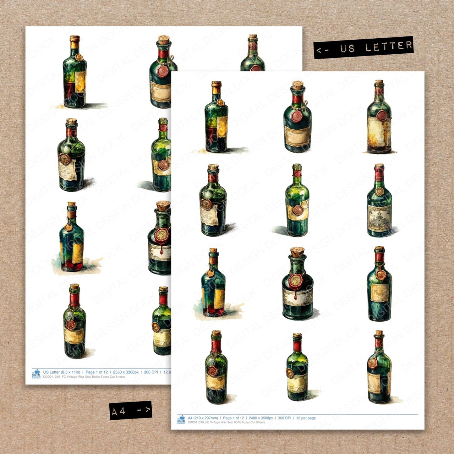 A4 and US Letter format comparison showing Vintage Wax Seal Bottle fussy cut pages for print and cut crafting