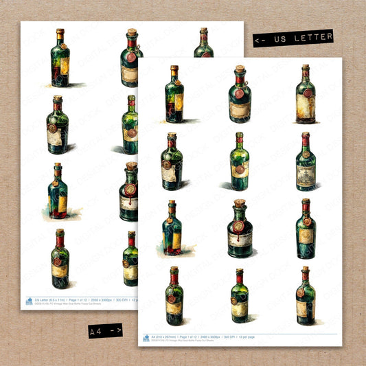A4 and US Letter format comparison showing Vintage Wax Seal Bottle fussy cut pages for print and cut crafting