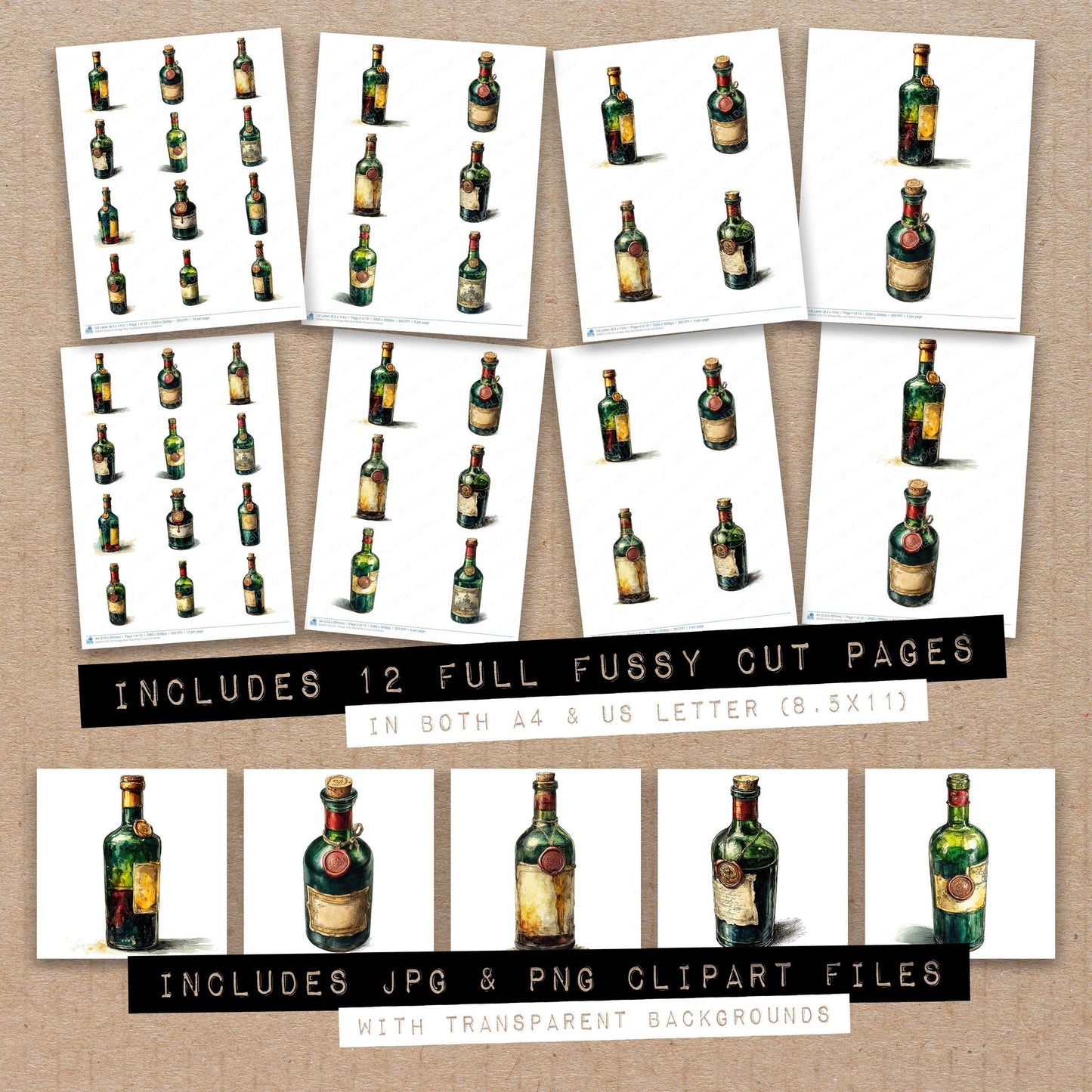Full collection view of Vintage Wax Seal Bottle fussy cut sheets with bonus clipart JPG and PNG files