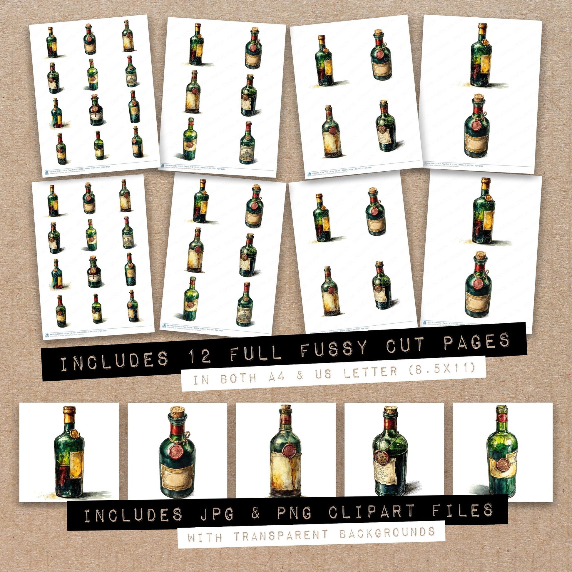 Full collection view of Vintage Wax Seal Bottle fussy cut sheets with bonus clipart JPG and PNG files