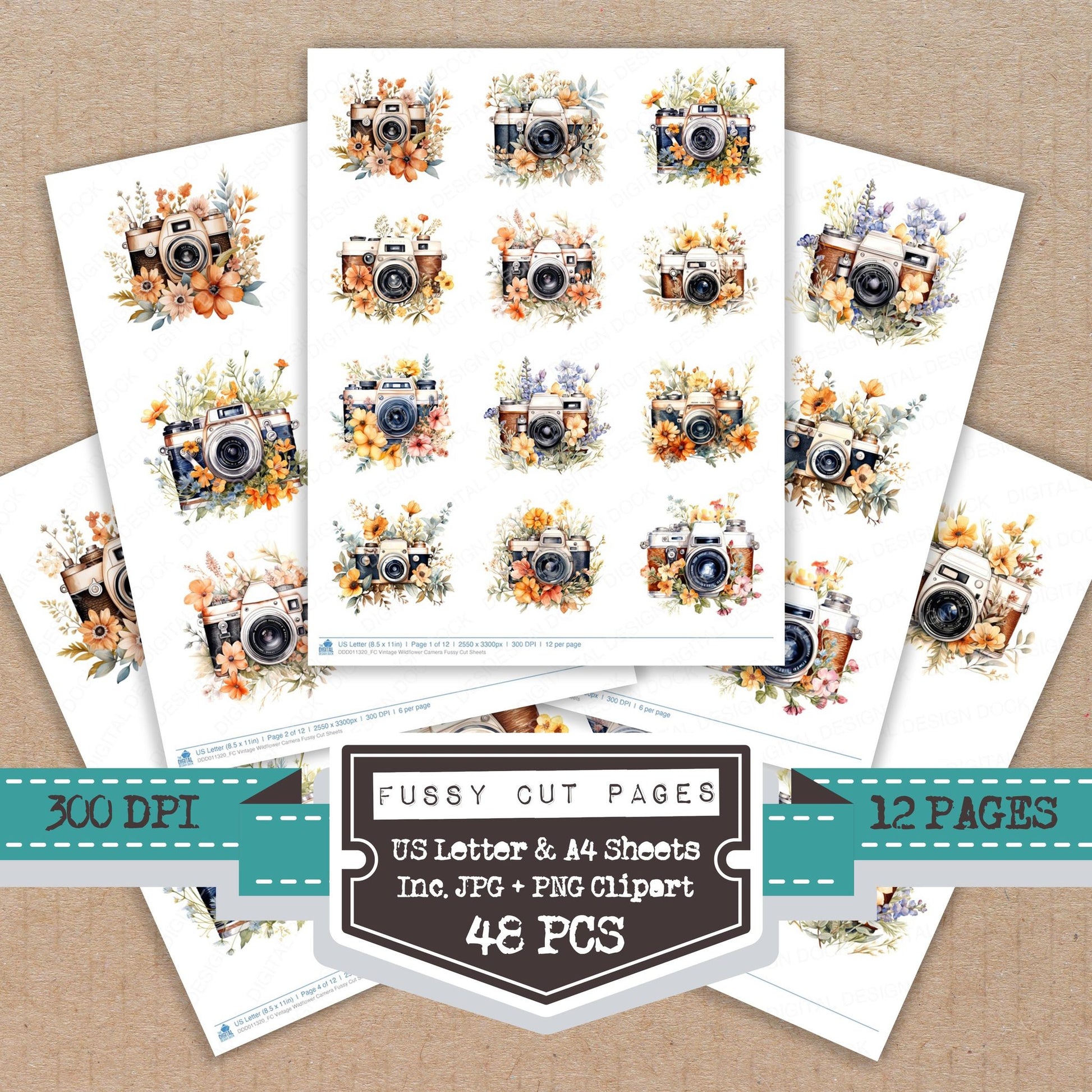 Vintage Wildflower Camera fussy cut printable sheets for junk journaling, scrapbooking, and paper craft projects