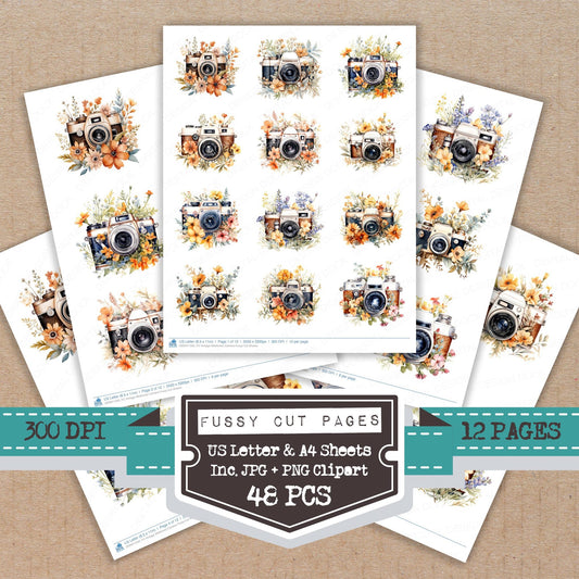 Vintage Wildflower Camera fussy cut printable sheets for junk journaling, scrapbooking, and paper craft projects