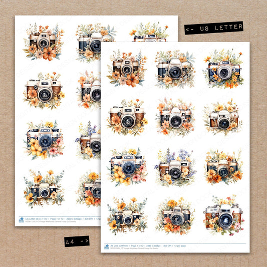 A4 and US Letter format comparison showing Vintage Wildflower Camera fussy cut pages for print and cut crafting
