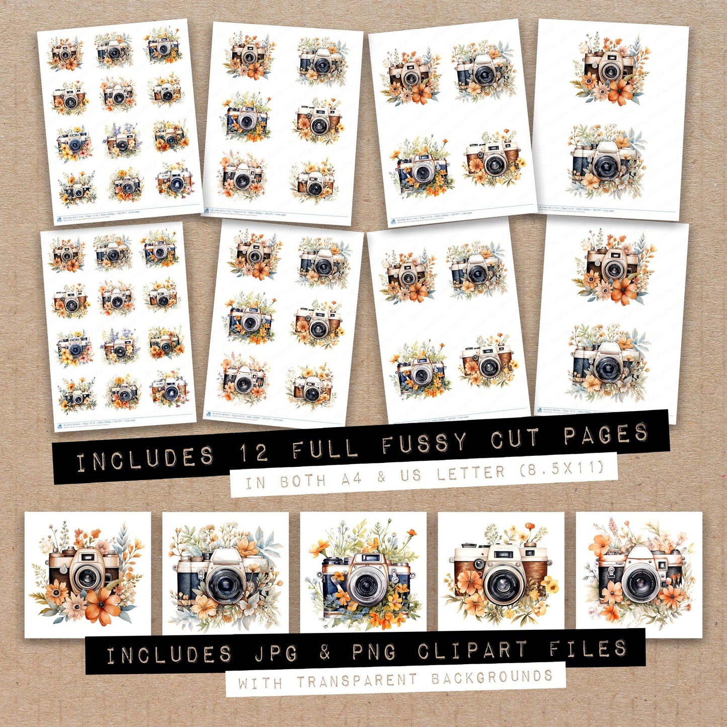 Full collection view of Vintage Wildflower Camera fussy cut sheets with bonus clipart JPG and PNG files