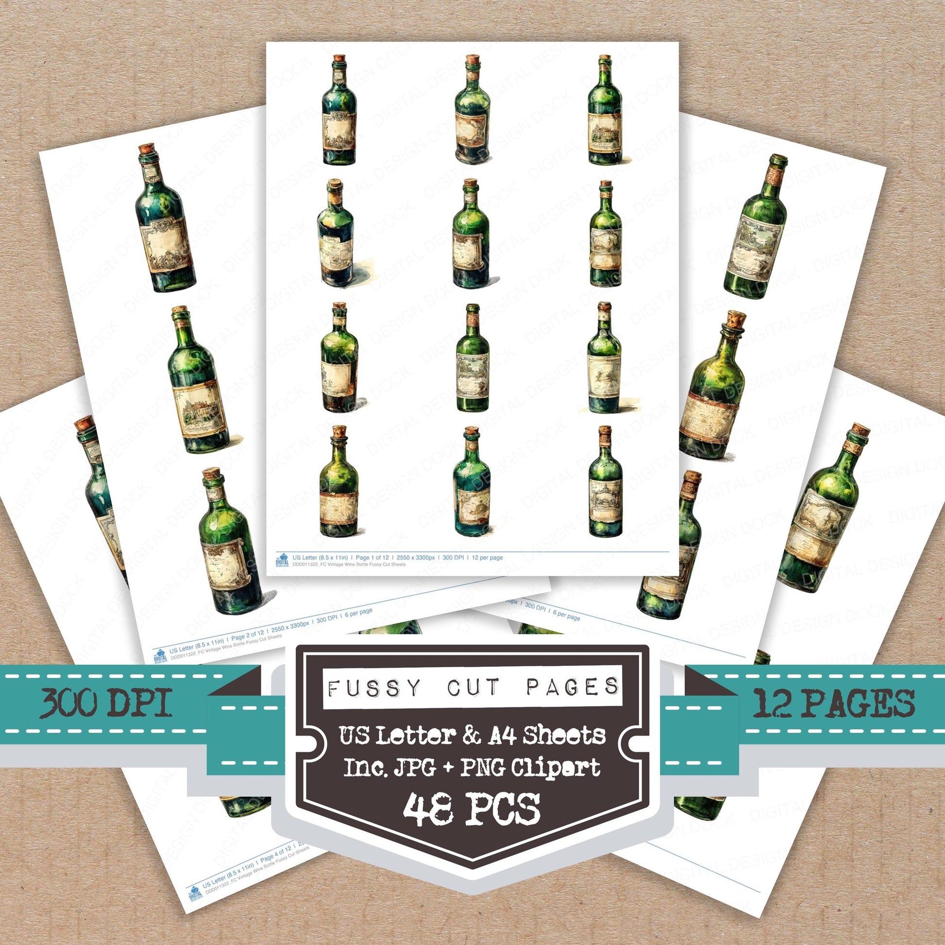 Vintage Wine Bottle fussy cut printable sheets for junk journaling, scrapbooking, and paper craft projects