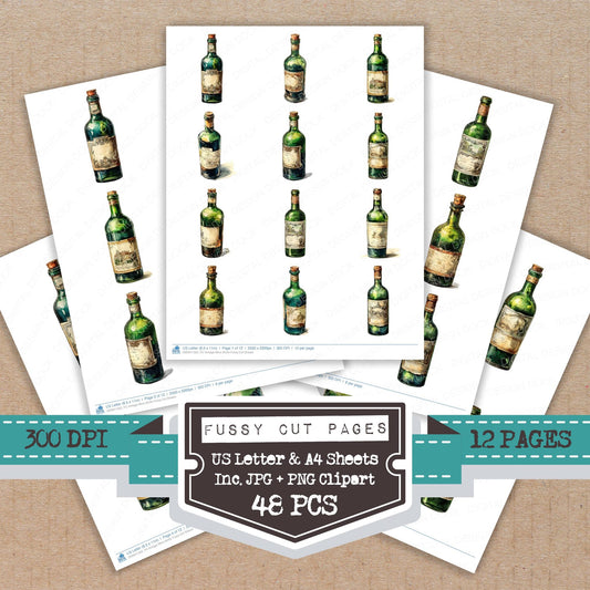 Vintage Wine Bottle fussy cut printable sheets for junk journaling, scrapbooking, and paper craft projects
