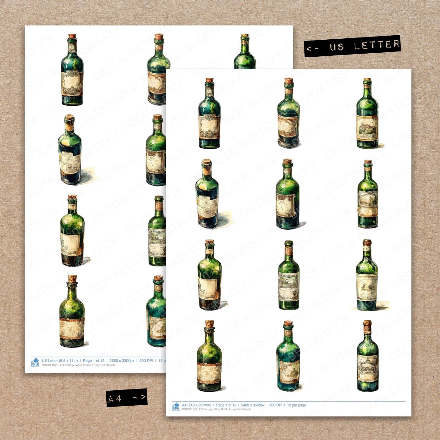 A4 and US Letter format comparison showing Vintage Wine Bottle fussy cut pages for print and cut crafting