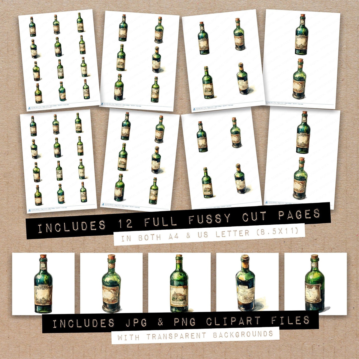 Full collection view of Vintage Wine Bottle fussy cut sheets with bonus clipart JPG and PNG files